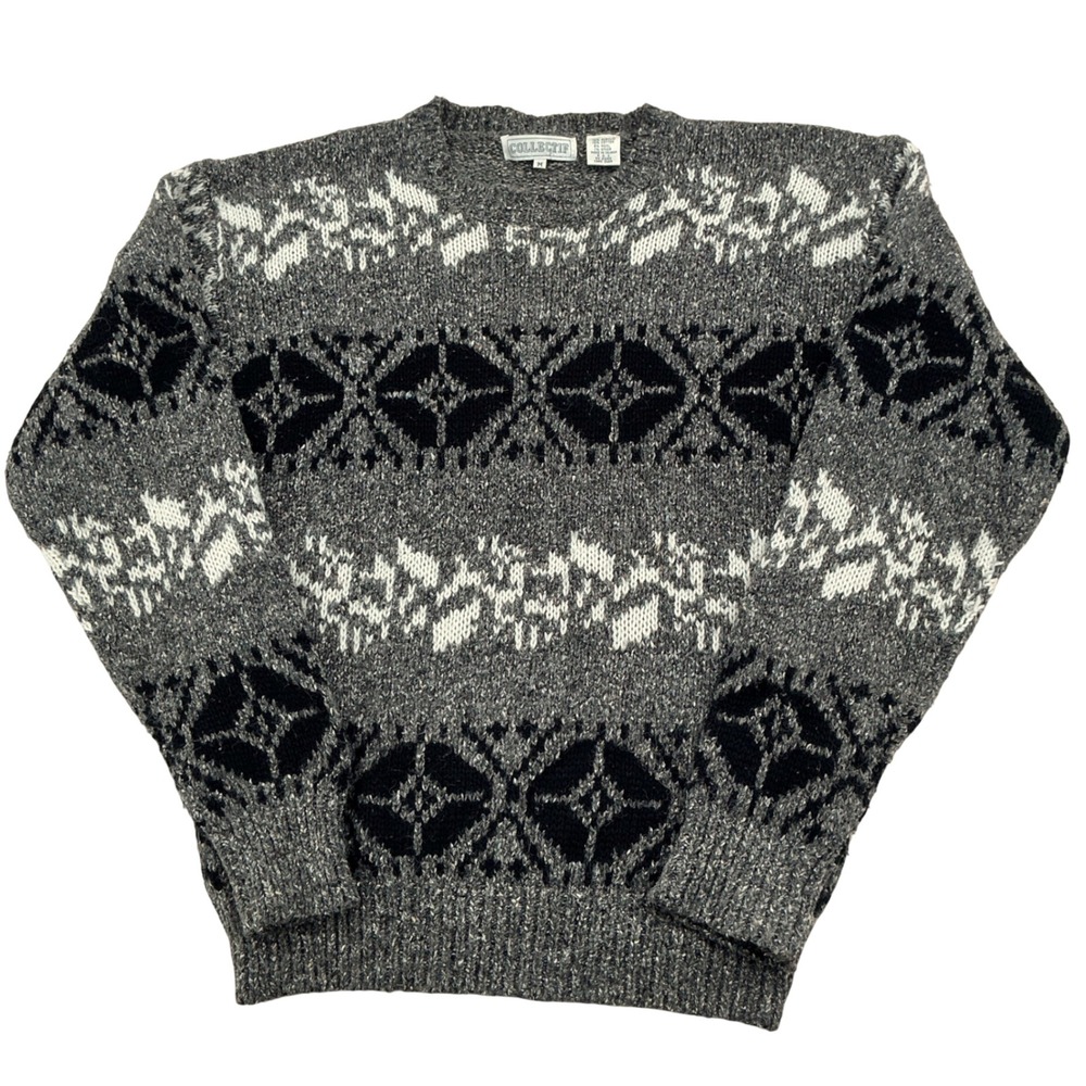 90s Grandpa Sweater Mens M Gray Fair Isle Geometric Knit Vintage Ski Gorpcore